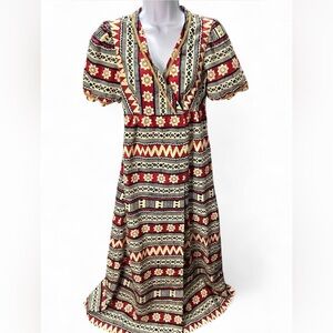 Vintage 1970’s cotton red, blue & cream wrap dress.Busy geometric & floral print